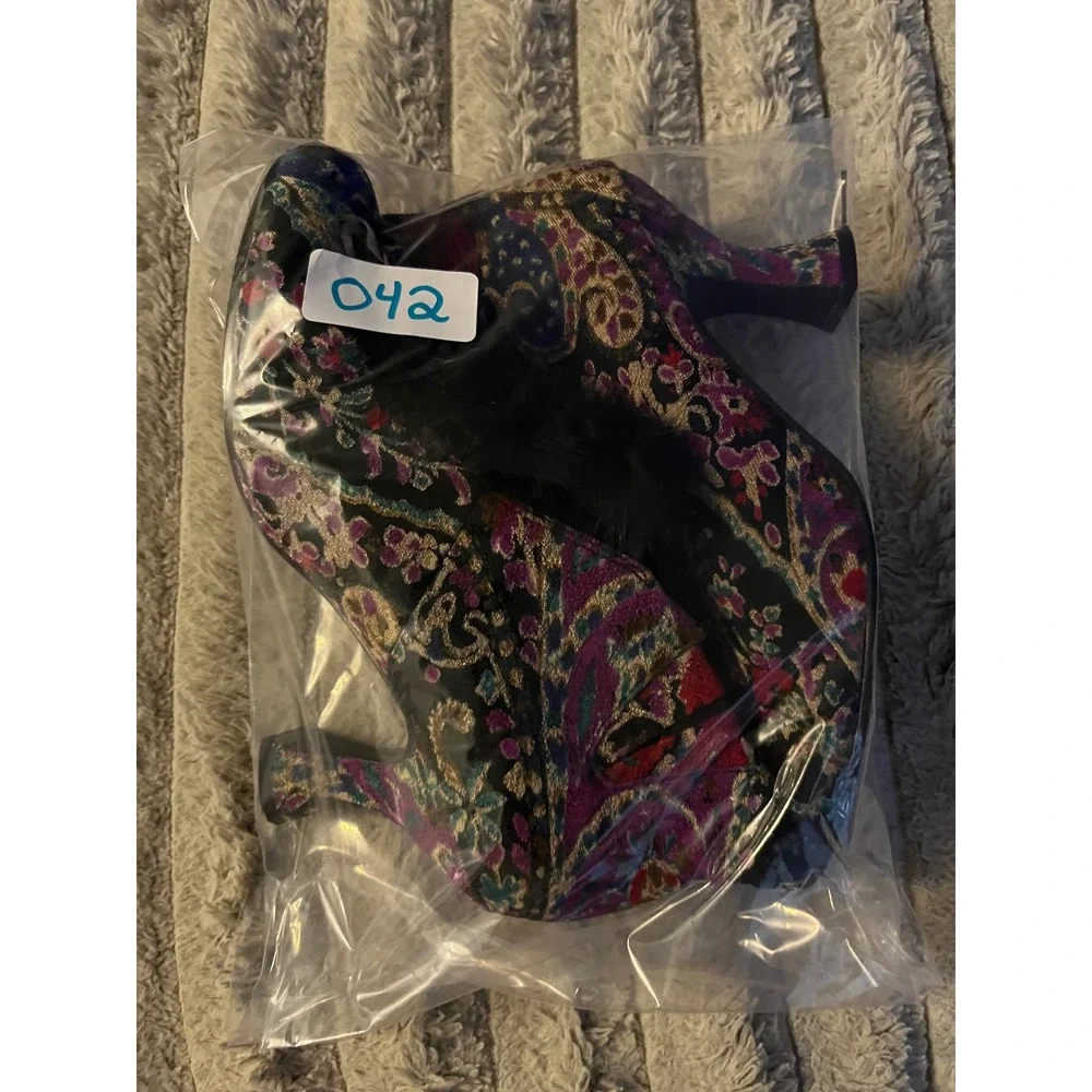Baci Tapestry Ankle Boots Multi-Color Paisley Fur Pom Pom Leopard Print Heels